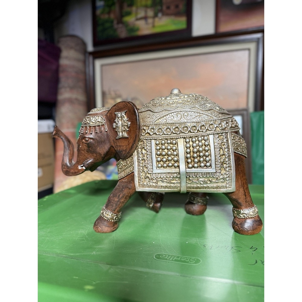 Decorative‎ Elephant Figurine Gold Tone Ornate Saddle Resin 11"